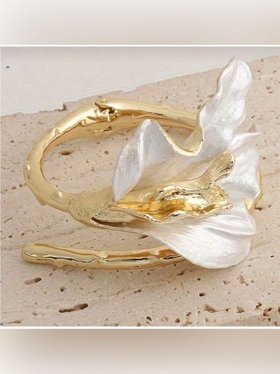 Anthropologie Jewelry - Gold Sculpted Floral Cuff Bracelet • Pearl Petal Statement • Chic Minimal Luxury